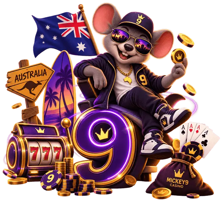 Mickey9 Casino mascot in a number 9 cap beside slot reels, casino chips and an Australian flag